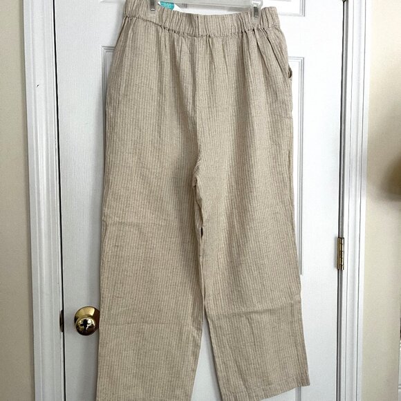 ladies size L Dizzy Lizzy beige white striped button zip back elastic pants - Picture 2 of 2